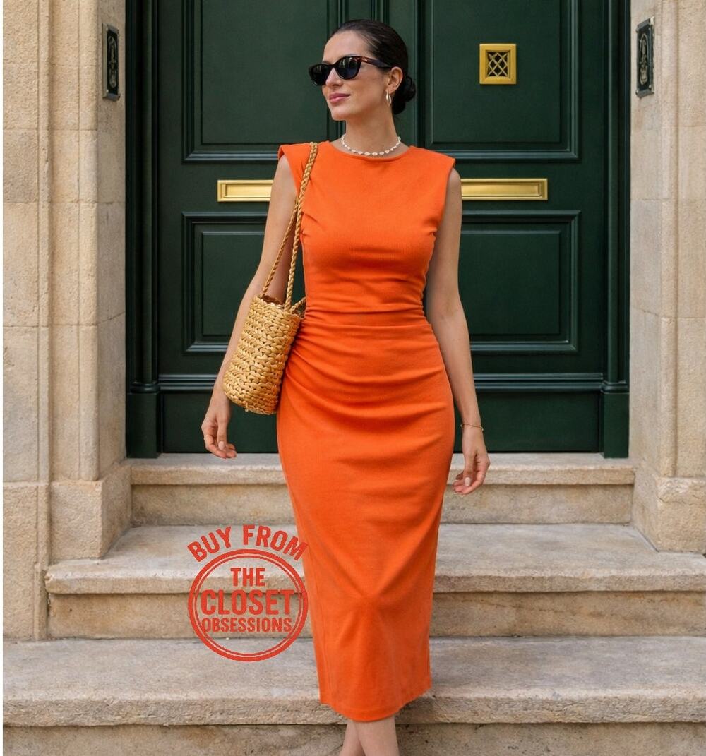 ZARA Orange Ruched Bodycon Midi Dress Open Back Blogger Fave NWT